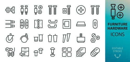 Poster - furniture fittings hardware isolated icons set. set of carpenter fasteners, cabinet door hinge, felt