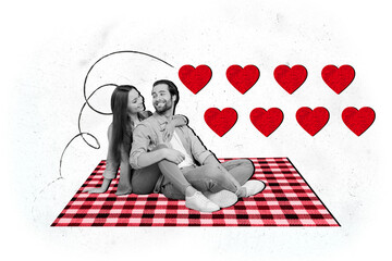 Canvas Print - Composite collage image of positive couple hugging have fun picnic laugh dating concept valentine day fantasy billboard comics zine