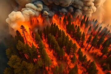 Canvas Print - **aerial view of massive wildfire or forest fire with burning trees and orange smoke. generative al- 