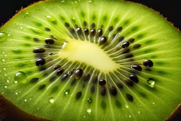 Wall Mural - Kiwi fruit with water drops on black background, close up