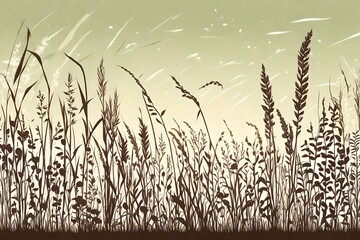 Wall Mural - *field with cereals, grass and wild herbs. vector isolated silhouette of grain plants meadow. horizontal border-