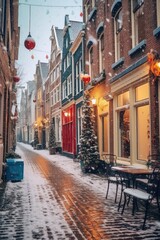  Festive ambiance as snow falls on a quaint european street adorned with christmas decorations at dusk