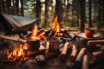 Sticker - vintage coffee  on carnping fire.wonderful evening atmospheric background of campfire. romantic warm place with fir-