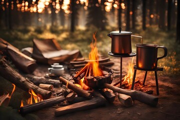 Wall Mural - **vintage coffee  on carnping fire.wonderful evening atmospheric background of campfire. romantic warm place with fir-