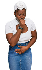 Sticker - Young african woman with turban wearing hair turban over isolated background feeling unwell and coughing as symptom for cold or bronchitis. health care concept.