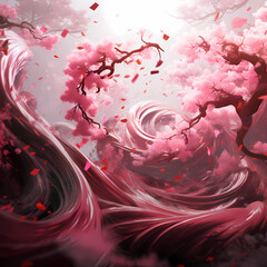 Poster - a digital whirlwind featuring cosmic elements, abstract sakura elements, and shadows, forming a dynamic and captivating scene