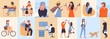 © Flash Vector - Everyday work and leisure scenes with people, geometric mosaic pattern vector illustration. Cartoon lifestyle color frames with time alone or with friends for man and woman, think or read book