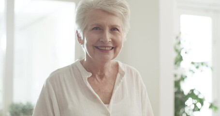 Poster - Senior woman, relaxing and laughing or face, humor and comedy in nursing home for elderly care. Old person, portrait and funny joke in retirement, smiling and happy or positivity, silly and goofy