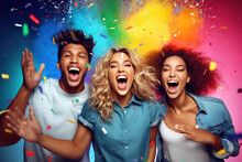 Three Diverse People Celebrating On Multicolored Backgrounds With Confetti. Winners. Human Emotions, Facial Expression Concept.