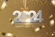 Happy New Year 2024 winter holiday greeting card design template. Party poster, banner or invitation gold glittering stars confetti glitter decoration. Vector background with golden gift bow