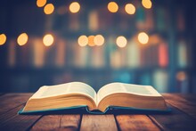 In This Warm, Inviting Image, An Open Book Lays On A Wooden Table, Inviting The Viewer Into A World Of Knowledge And Imagination. The Blurred Background Features A Library Setting With Subtle Bokeh