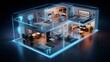 A futuristic AI smart home interior featuring augmented reality interfaces, with IoT devices seamlessly integrated for automated control and connectivity.