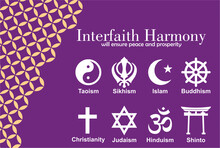 Interfaith Harmony Will Ensure Peace And Prosperity. Interfaith Harmony Week Poster And Banner For Media And Web With Different Religion Symbols. High HD Resolution Illustration.