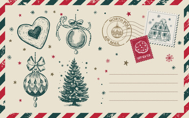  Christmas mail, postcard, hand drawn illustration.	