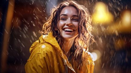 Wall Mural - smiling young woman laughing in rain, yellow and amber