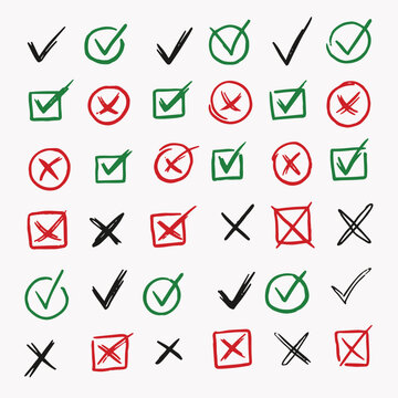Hand drawn check signs. Doodle v mark for list items, checkbox chalk icons and sketch checkmarks. Vector checklist marks icon set