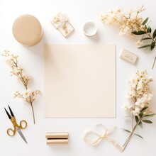 Top View Flat Lay Of A Feminine Workspace Mockup With Aerial Elements Such As Branches, A Golden Pen And Clips, And A Beige Ribbon.