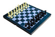 Chessboard on white background with pieces placed on it.