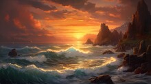 A Coastal Scene With Waves Crashing Against Rugged Cliffs, Framed By A Dramatic Sunset Painting The Sky In Warm Hues