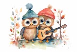 Fototapeta Dziecięca - watercolor cartoon illustration of cute two owls couple playing guitar in autumn or winter forest, Generative Ai