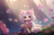 petit chat angora blanc kawaï dans le style fairy kei, mignon, vaporeux avec des couleurs pastel principalement roses.