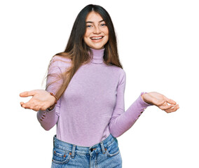 Sticker - Young beautiful teen girl wearing turtleneck sweater smiling cheerful offering hands giving assistance and acceptance.