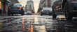 Panoramic background view of a flooded street, car tires and water splashes on wet asphalt in the rain. extreme driving