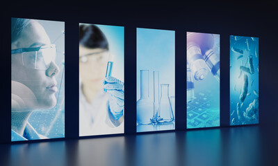 Science research LCD screen panels. Chemistry and microbiology idea for exhibiting space of medical convention.