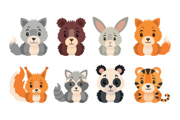  Set of cute sitting wild animals Illustration. 