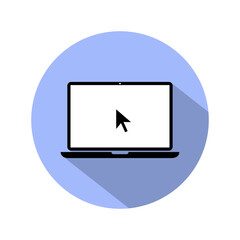 Poster - Laptop with pointer cursor icon on blue circle background. Notebook display with clicking mouse. Vector illustration
