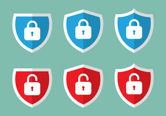 Poster - Padlock on shield icon vector. Safeguard, protection symbol in flat style
