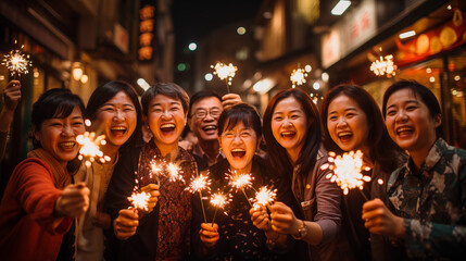 Wall Mural - Group of asian people holding sparklers in the street at night