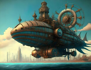 Wall Mural - Concept of a large flying machine sailing in the sea in steampunk style generated by AI, digital art.