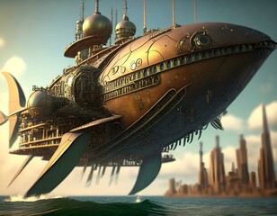 Wall Mural - Concept of a large flying machine sailing in the sea in steampunk style generated by AI, digital art.