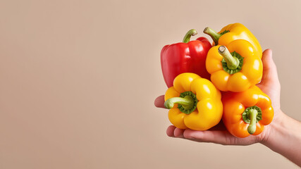 Wall Mural - Hand holding bell pepper vegetable isolated on pastel background
