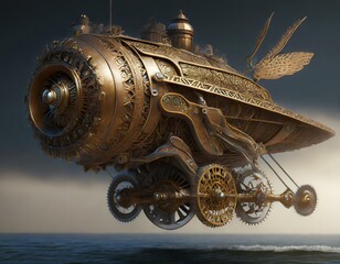 Wall Mural - Concept of a large flying machine sailing in the sea in steampunk style generated by AI, digital art.