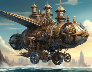 Wall Mural - Concept of a large flying machine sailing in the sea in steampunk style generated by AI, digital art.