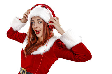 Poster - Santa Claus woman on white background. Free space for your decoration. Slim young woman and red dress. 