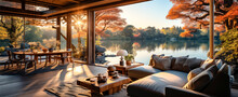 Spacious Tokyo-style Interior On The Shore Of A Lake Among The Jungle. Ecological House .