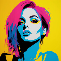 Wall Mural - 
Bold pop art portrait featuring a female with vibrant pink hair, exaggerated blue eyeshadow, and a bright yellow background