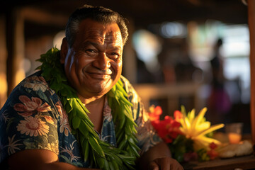 Wall Mural - Patriarchal portrait in a traditional Samoan fale, tribal tattoos, ceremonial attire, tropical flora