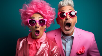 Wall Mural - A Vibrant Elderly Couple with Pink Hair and Glasses on a Fun Colourful Background. A man and a woman with pink hair and glasses