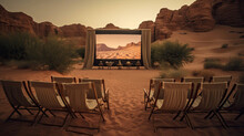 Desert Oasis Cinema Screen Amidst Lush Vegetation And Sand Dunes