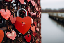 Many Red Love Locks On The Fence Of A Bridge. Love Concept.