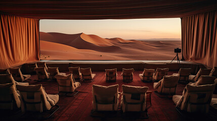 Wall Mural - Cinema in desert setting screen amidst dunes nomadic style seating