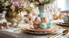 Close Up Of Pastel And Gold Easter Eggs On Plate, Easter Table Setting