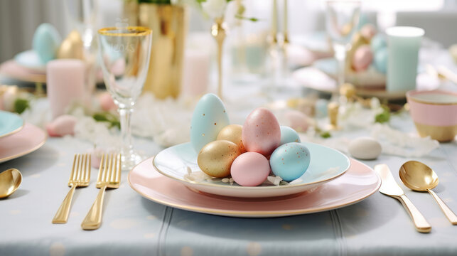 luxury easter table setting with pastel eggs, large plates and golden cutlery