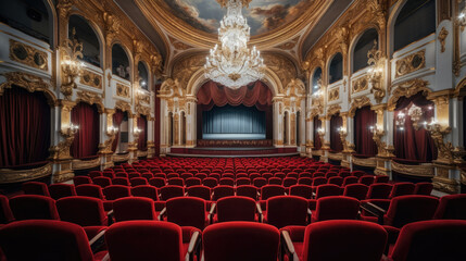 Wall Mural - Palatial Cinema Vaulted Ceilings Velvet Seats Crystal Chandeliers