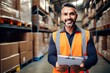 A happy and efficient industrial warehouse manager using technology to oversee logistics and ensure smooth distribution.