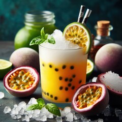 Wall Mural - Frozen passion fruit drink, frozen passion fruit pulp smoothie, refined sugar, Tahitian lime juice, vodka, drinks concept, generative ai